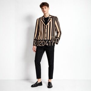 Vintage 90s Moschino Blazer Mens US 40 Tan Black Stripe Lightweight Wool Jacket